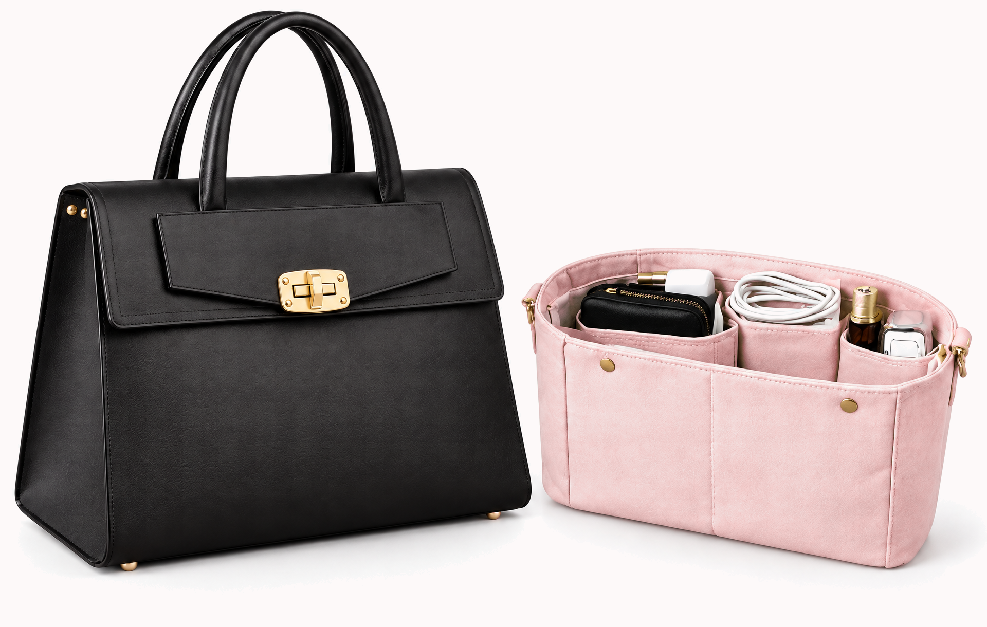 The noir leather hero bag standing beside its packed removable insert